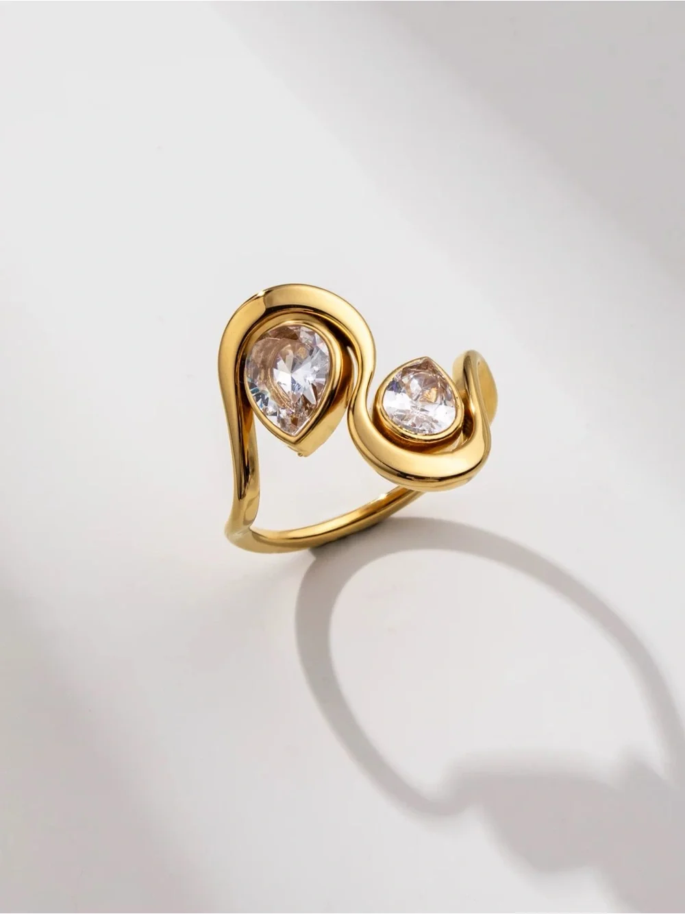 18K Gold Plated Open Ring, Dual Pear-Cut CZ Stones, Waterproof Stainless Steel